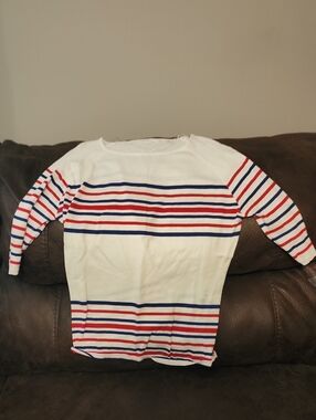 Passport White Knit Top with Red and Blue Stripes